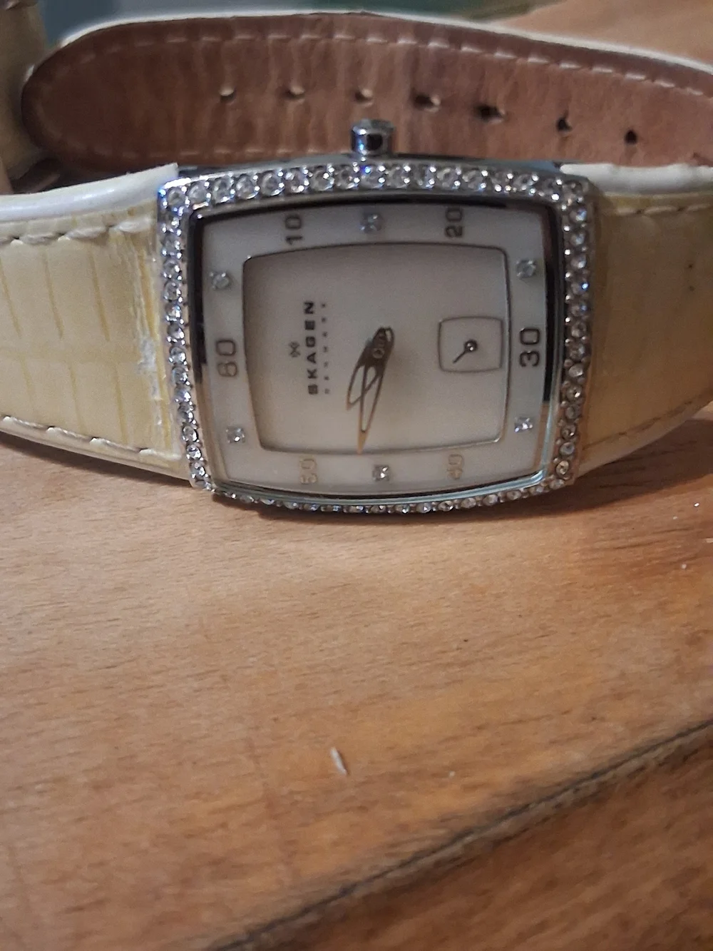 Skagen Silver Crystal-Trim Rectangular Watch with Cream Strap